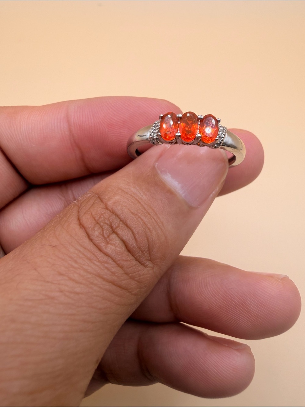 925 Sterling Silver Mexican Fire Opal & Diamond Ring Size 10.25.